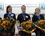 Competition for Interior Furnishing Awards ceremony: (l-r) Third place, Carmen Jucker from Switzerland, Winner, Axel Jochen Heilmann from Germany, Second place Tabea Lutz from Switzerland 